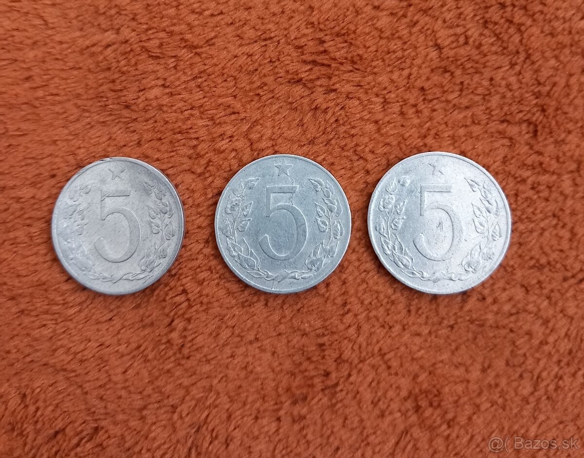 Predám mince 5 hal. 1953, 1954, 1955 RR, ČSR