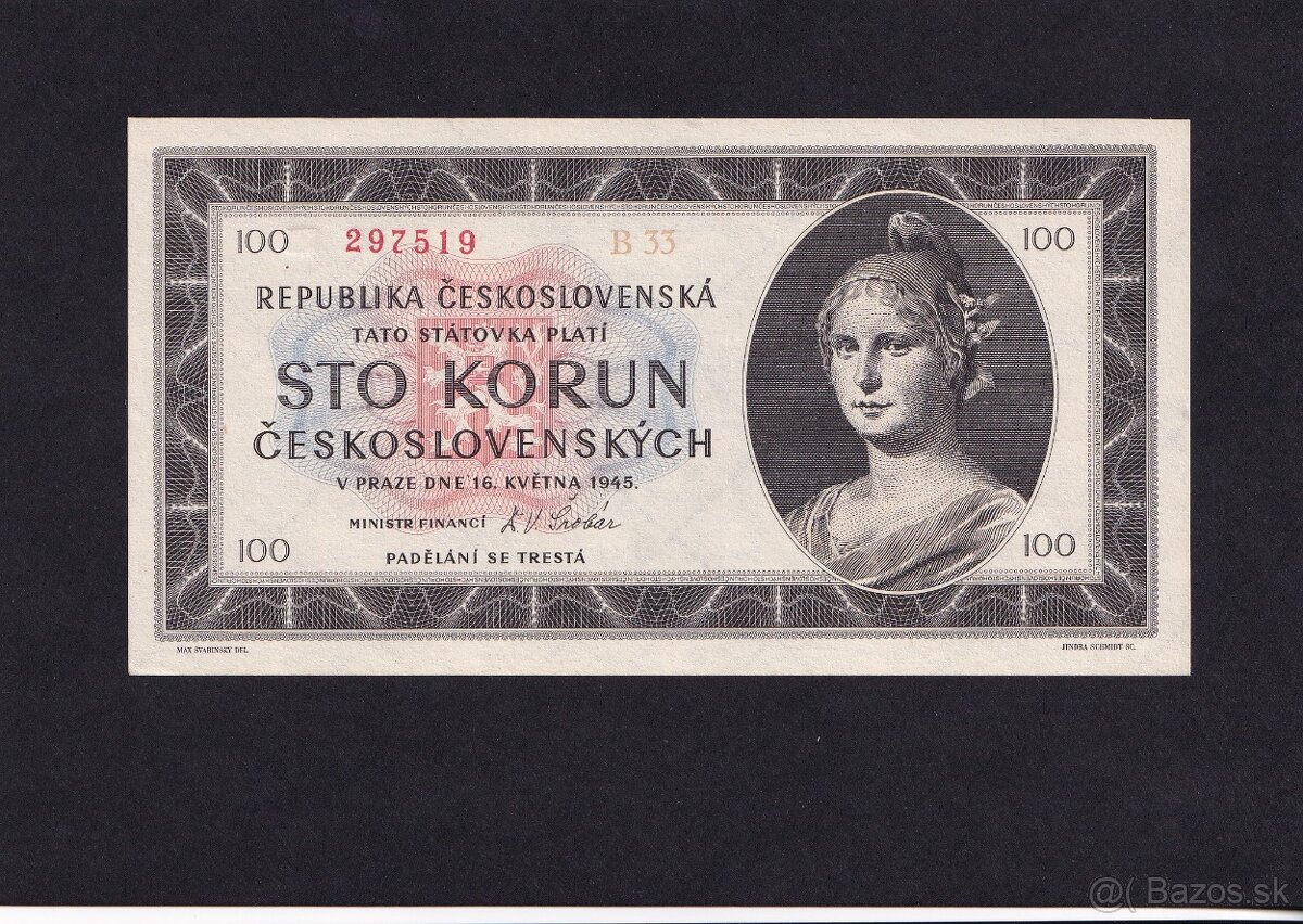 Bankovky ČSR - 100 Kčs 1945 séria B UNC