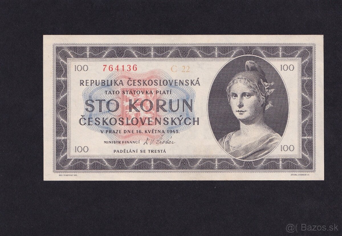 Bankovky ČSR - 100 Kčs 1945 séria C UNC