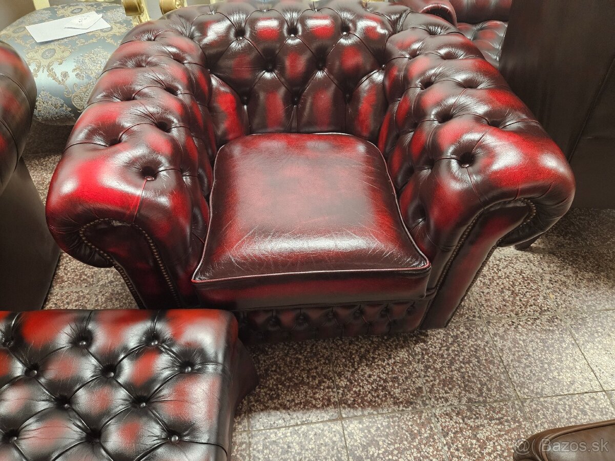 Chesterfield štýl,kožená dvojfarebná sedačka,3+1+taburet,