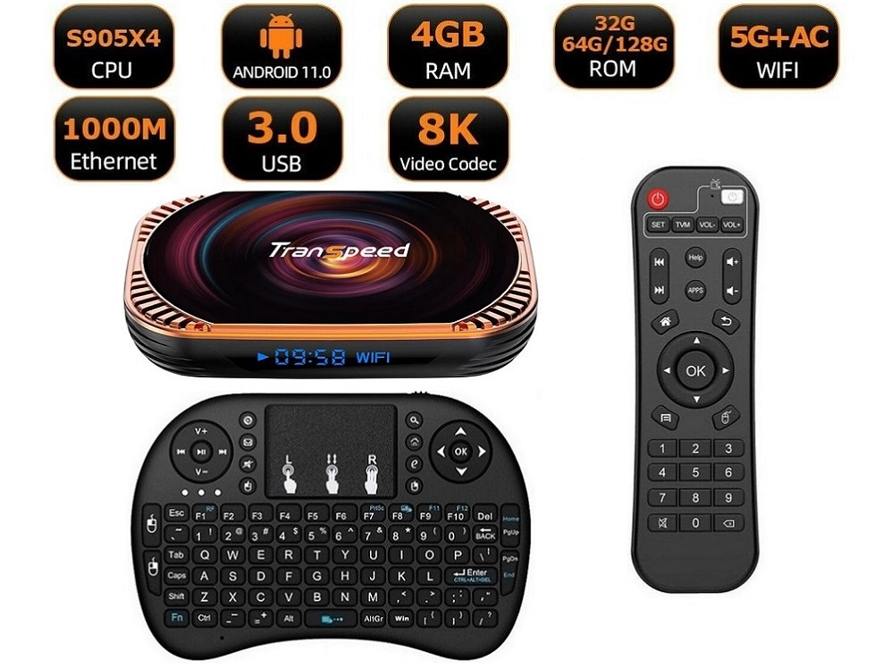 Android 11 TV Box, Transpeed X4, 4/32GB, S905X4, Kláv. s Tou