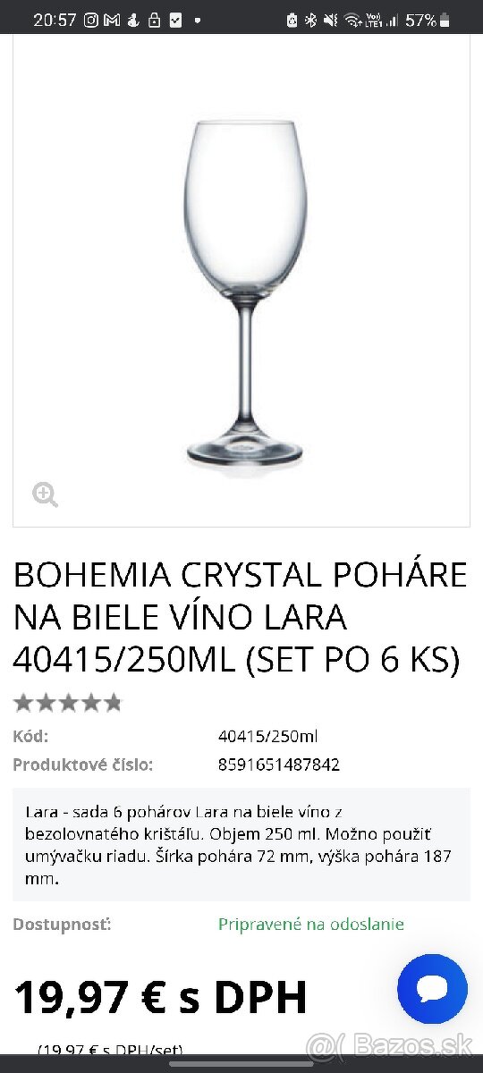 Predám poháre na biele víno bohemia Lara crystalex 250ml