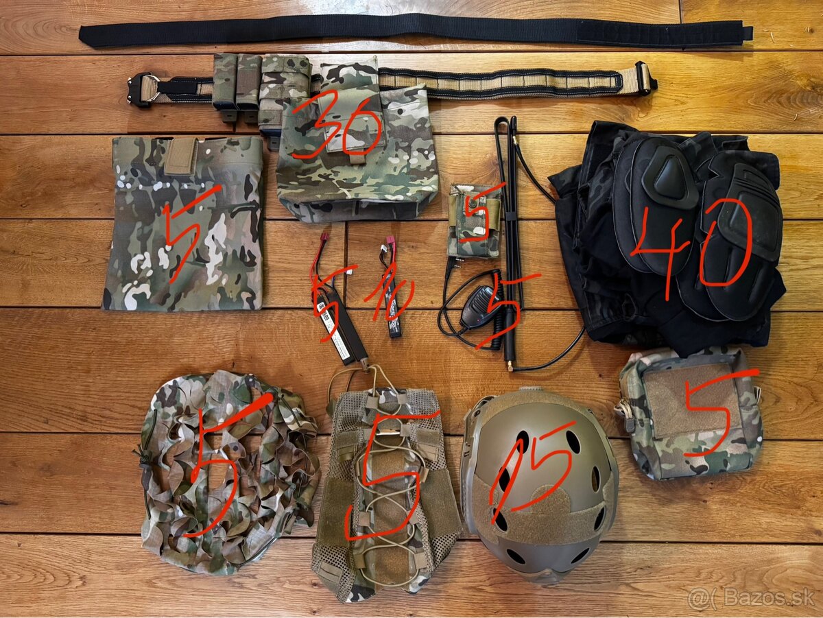 Airsoft, prilba, molle opasok, uniforma, sumka, multicam