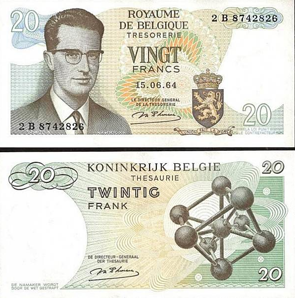 20 Frankov Belgicko 1964 P138 UNC, Baudouin I