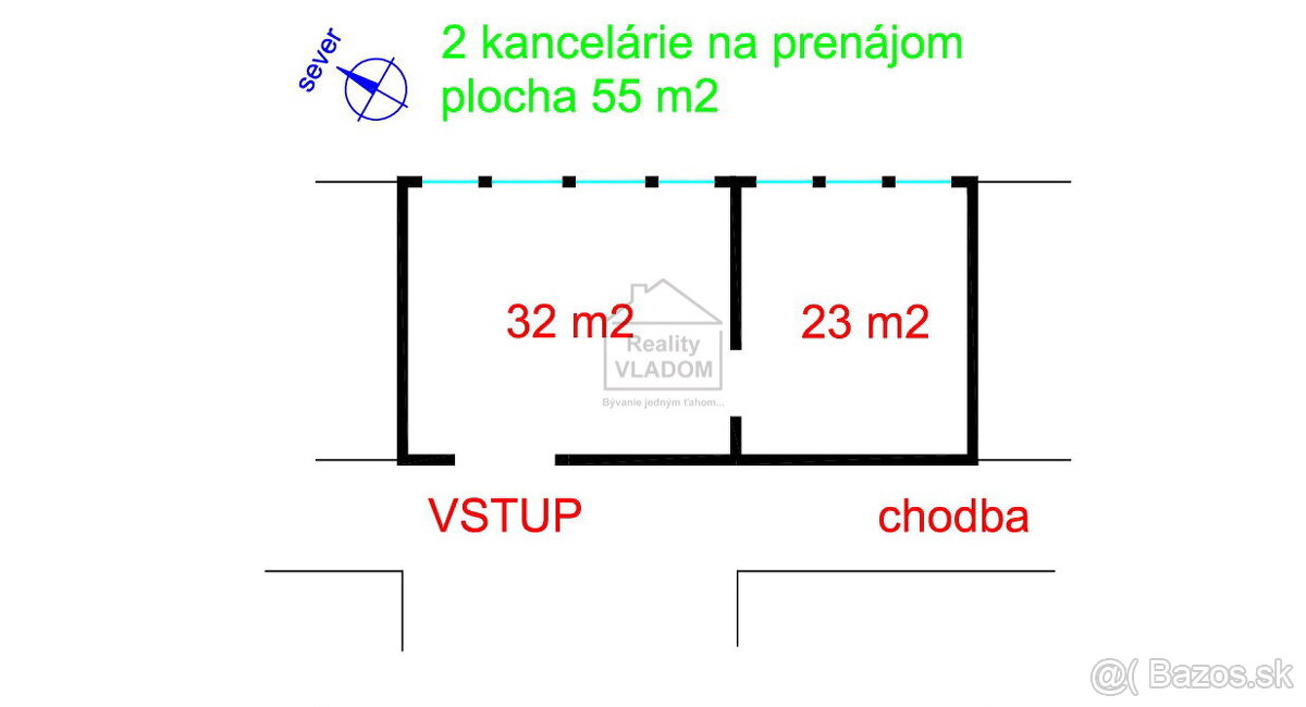 Kancelárske priestory, 2 spojené miestnosti, plocha 55 m2.