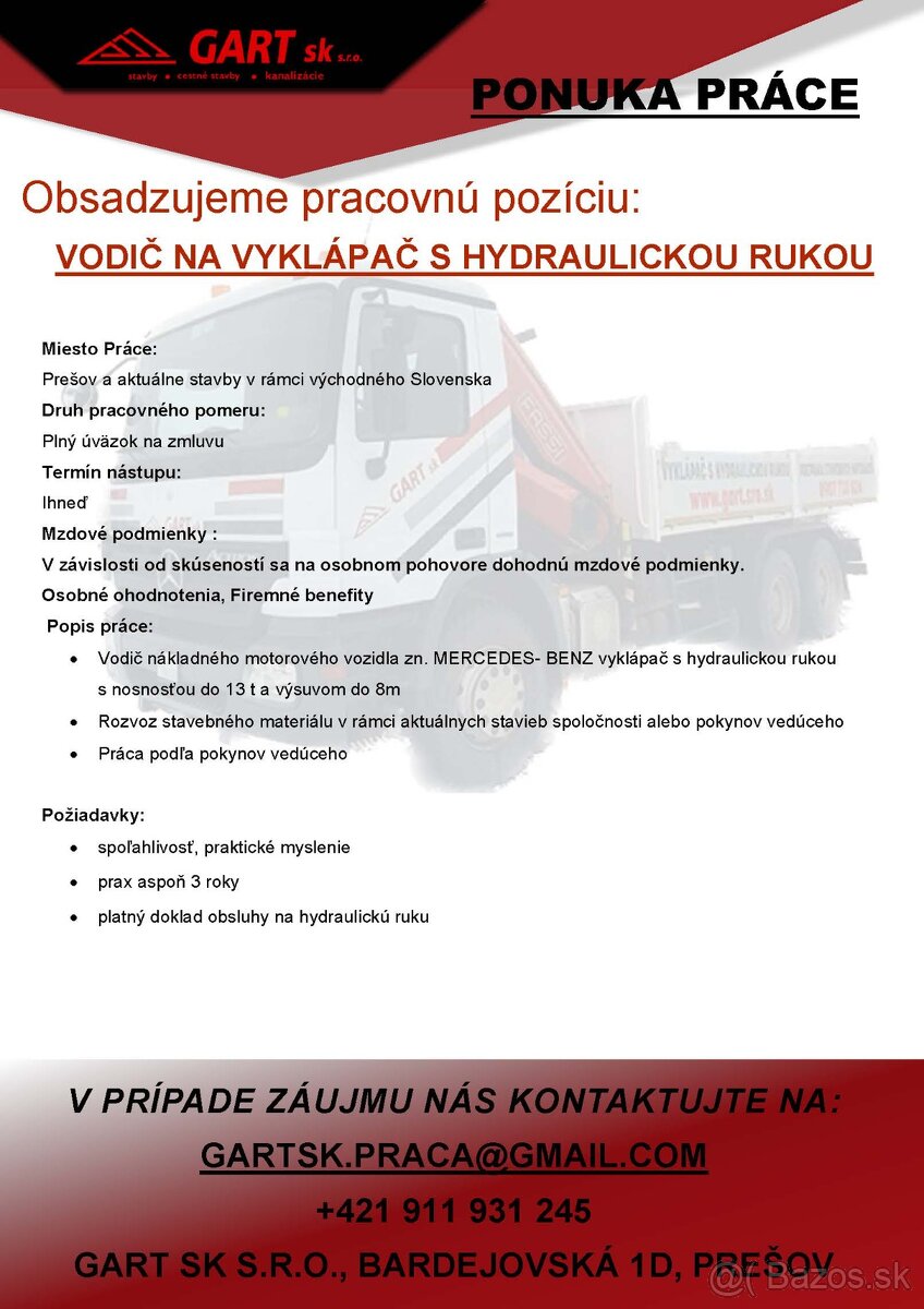 VODIČ NÁKLADNÉHO VOZIDLA - HYDRAULICKÁ RUKA