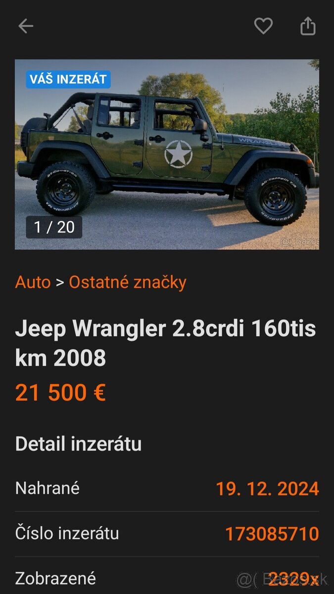 Jeep Wrangler 2.8crdi 6r. manual 160tis.km