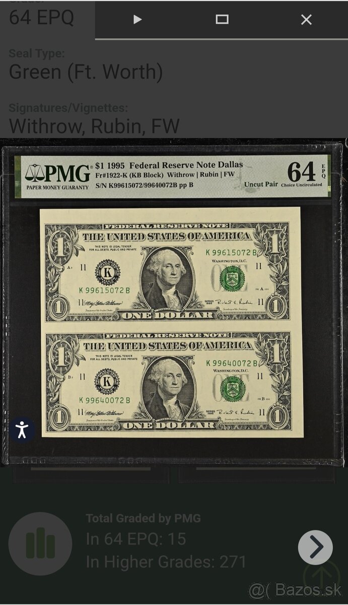 PMG 64 -  KB Block 1922 / 1$ 1995 Federal