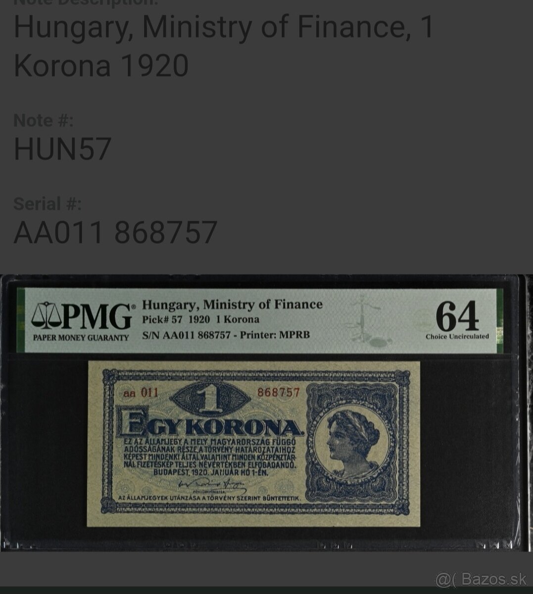 PMG 64 - 1 Korona 1920 - Hungary