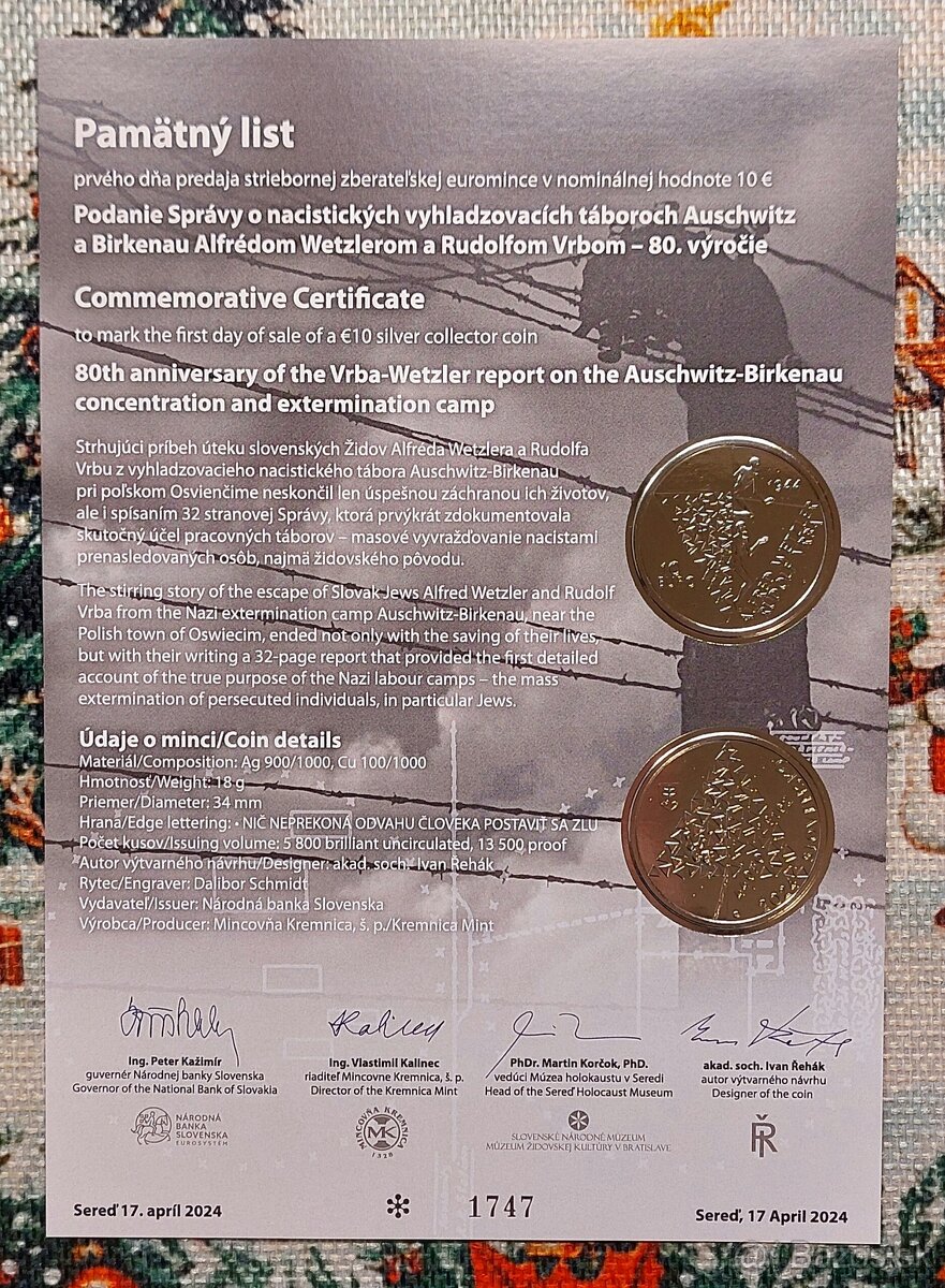 Pamätný list 10€ 2024 Auschwitz Birkenau