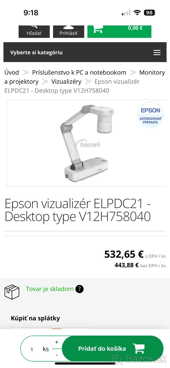 Predám vyzualizer epson elpdc21