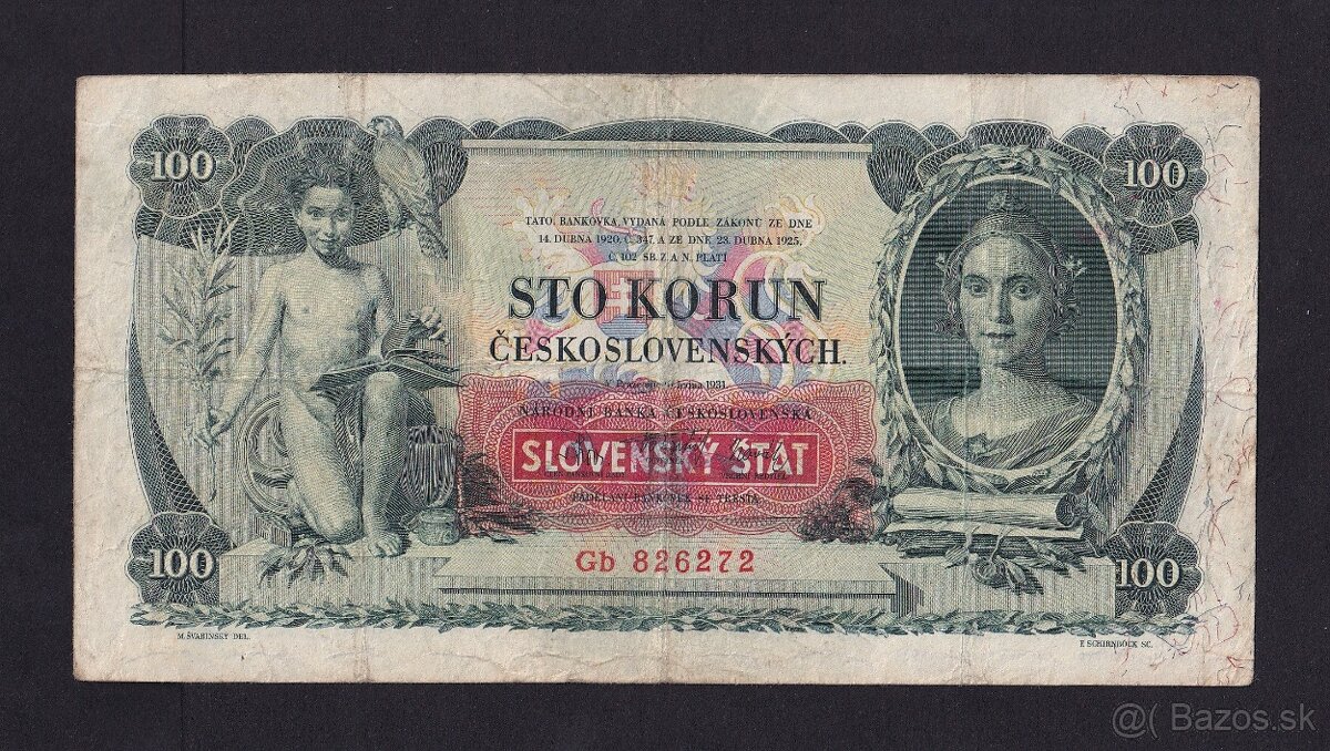 Bankovka Slovenský štát 100 Ks 1931/1939 NEPERFOROVANÁ