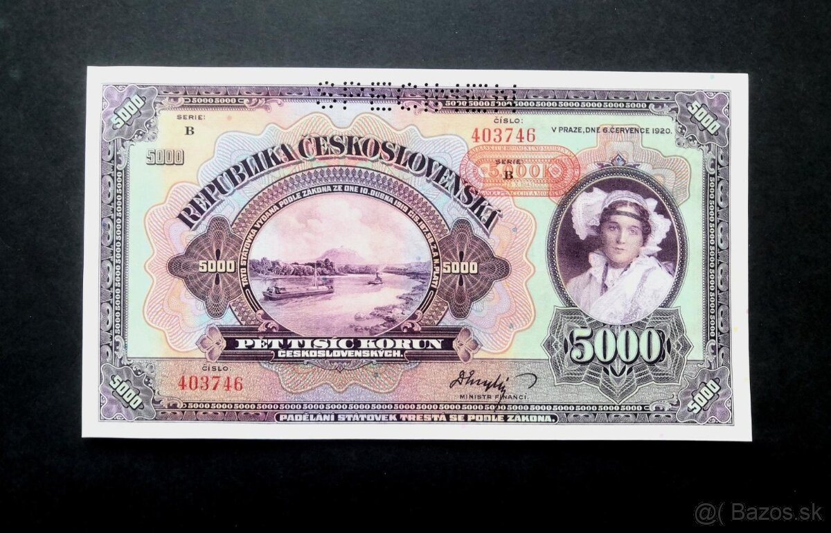 5000 korun 1920 serie B pretisk PROTEKTORAT UNC 