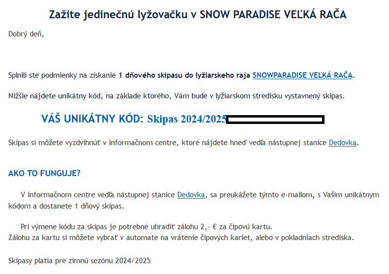 Predám 1-denný skipas do Snowparadise Veľká Rača