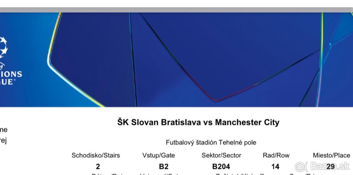 ZNÍŽENÁ CENA: Slovan - Manchester City, 1.10.2024, 21:00