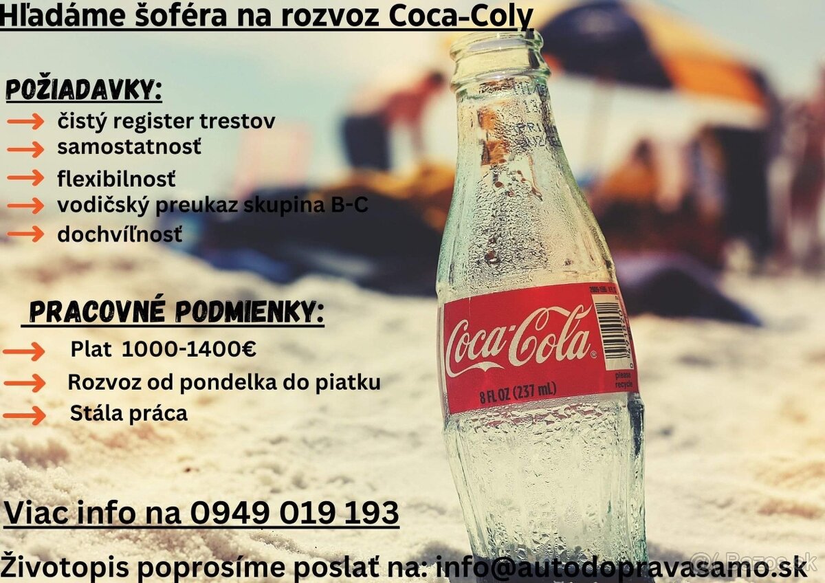 Hľadáme vodiča na B rozvoz Coca Cola