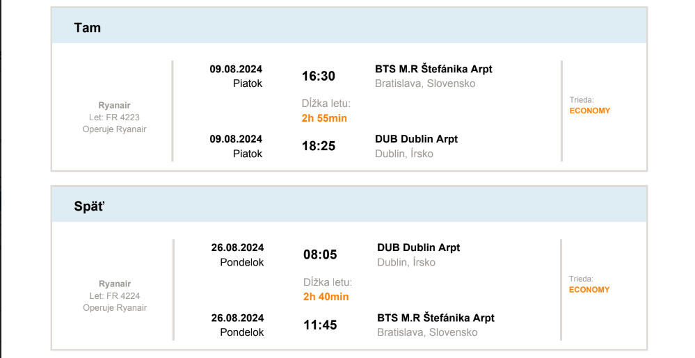 2 spiatočné letenky z Bratislavy do Dublinu 9.8 - 26.8