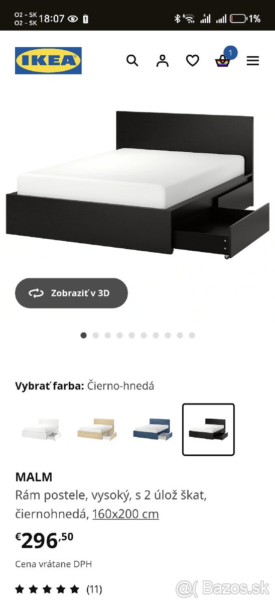 Postel ikea malm 160cm, zásuvky, rošt