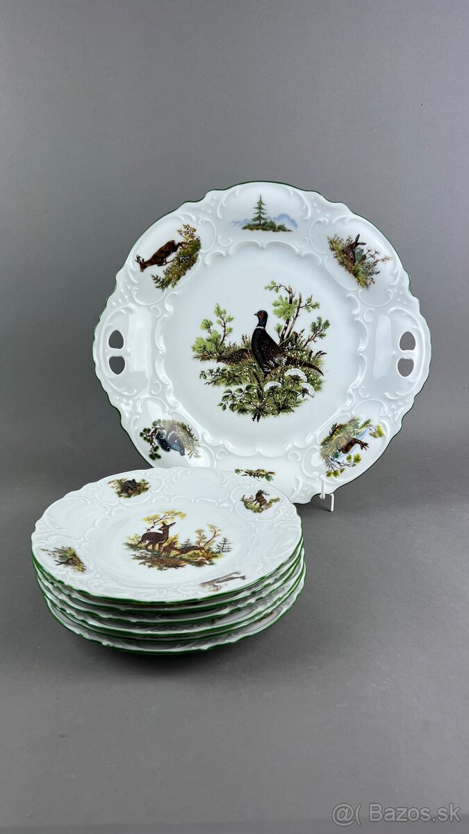 Poľovnícka koláčová súprava, poľovnícky porcelán, MZ