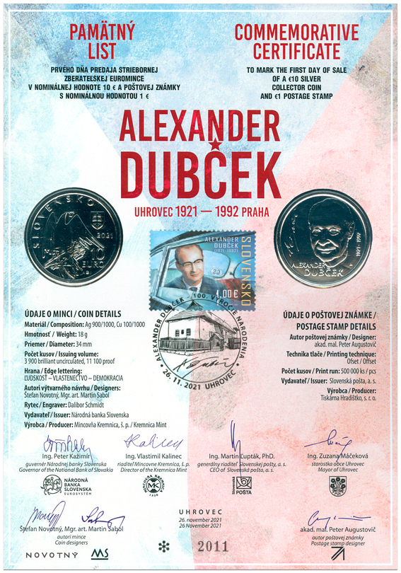 Numizmatický pamätný list: Alexander Dubček