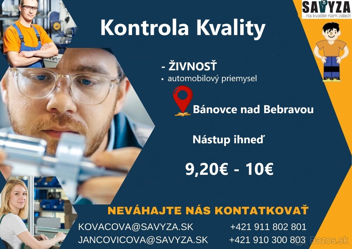 Kontrola kvality 9,20€ - 10,50€ na hodinu