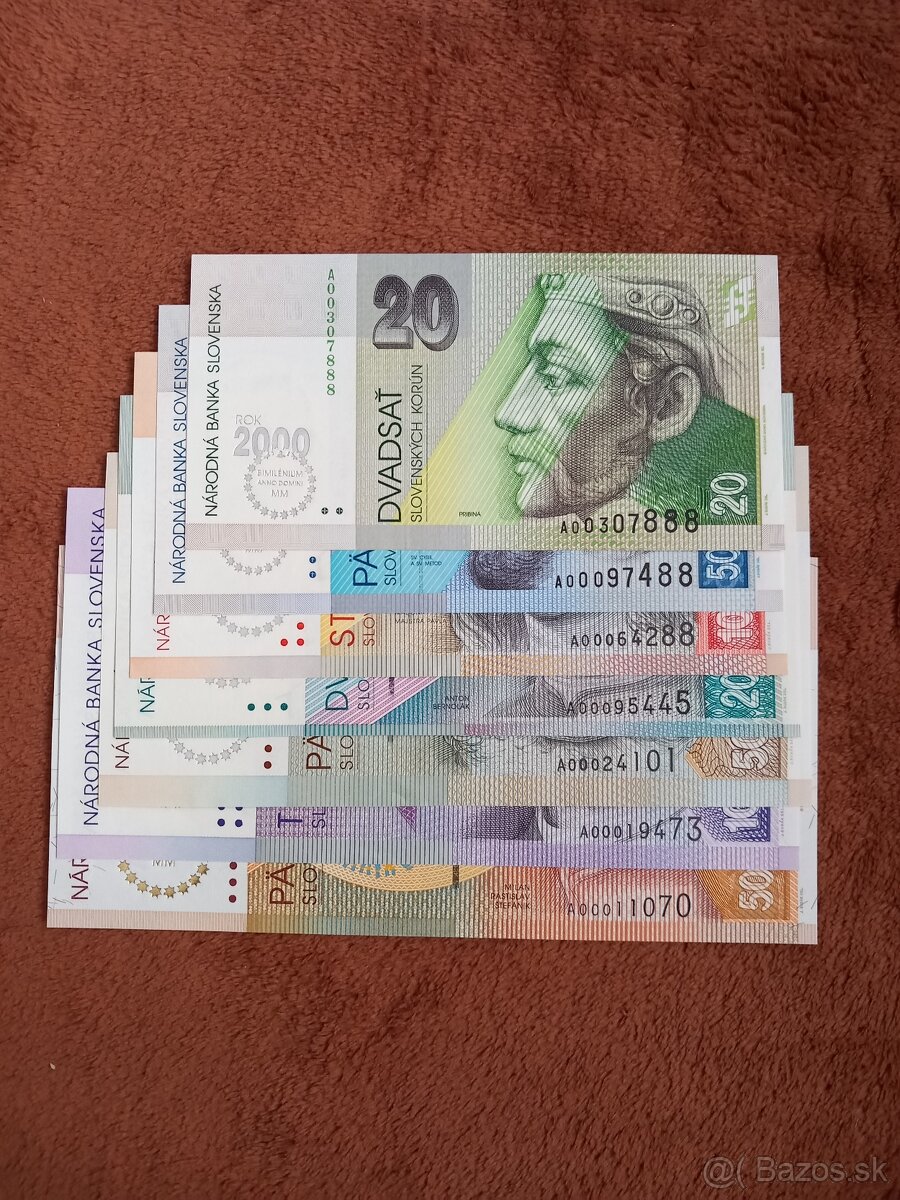 Predám bimileniové bankovky SR od 20 Sk do 5000 sk, UNC