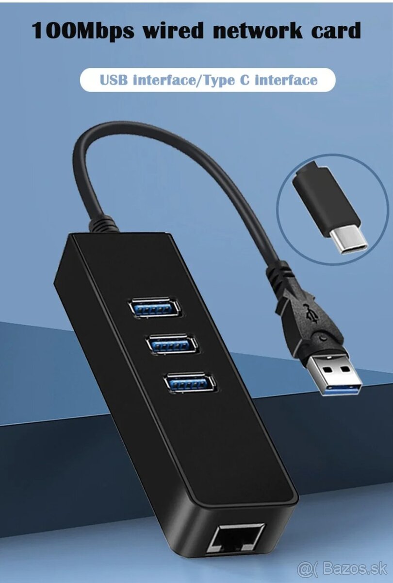 3-portovy USB hub USB3.0 + 100Mbit RJ45