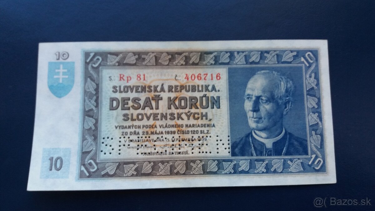 Bankovka 10 Korún Slovenských 1939 UNC-PREDANA