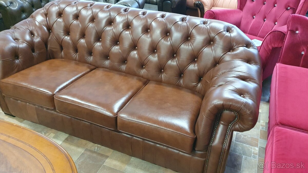 Chesterfield štýl,hnedá kožená  3+1,Zľava 200€