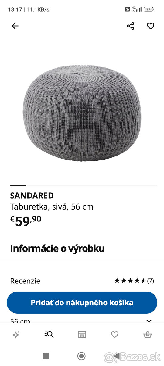 Taburetka Ikea Sandared 56cm Sivá