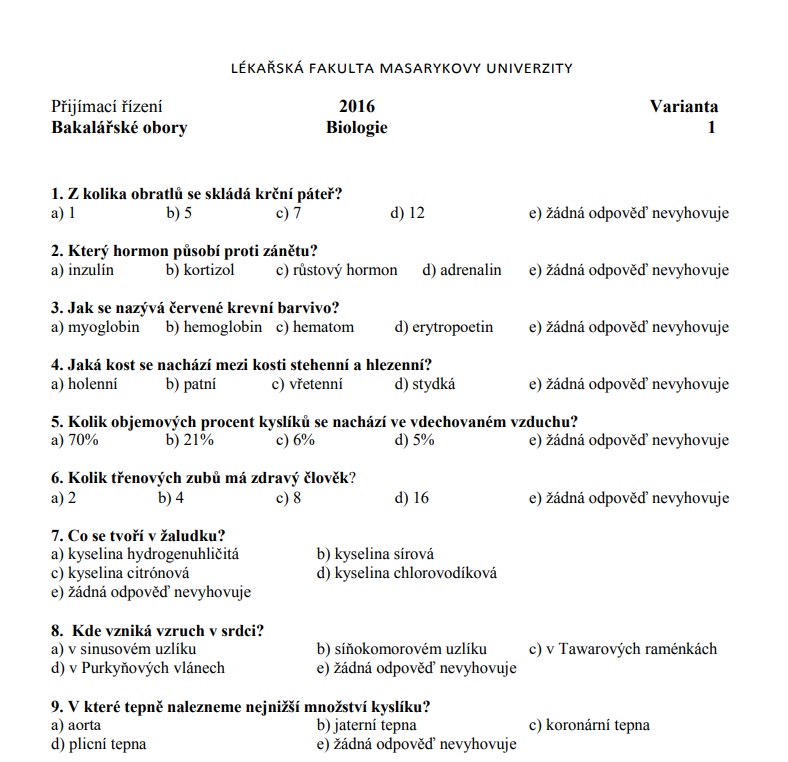 Medicina Brno MUNI prijímacie testy+ odpovede