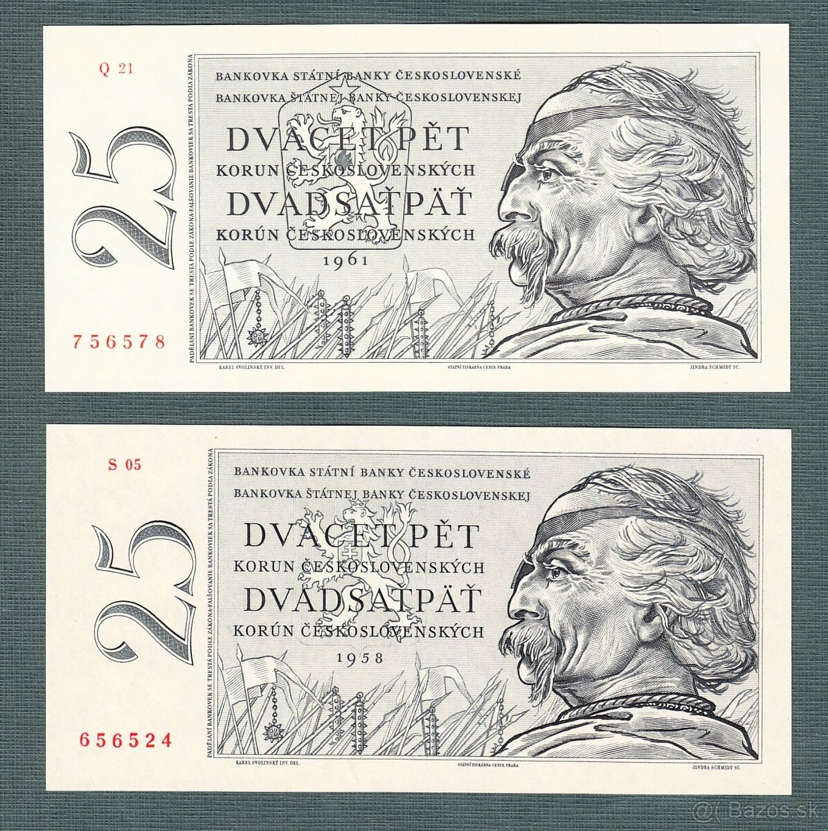 Staré bankovky 25 kčs 1958 a 1961 OBĚ VERZE, bezvadný stav