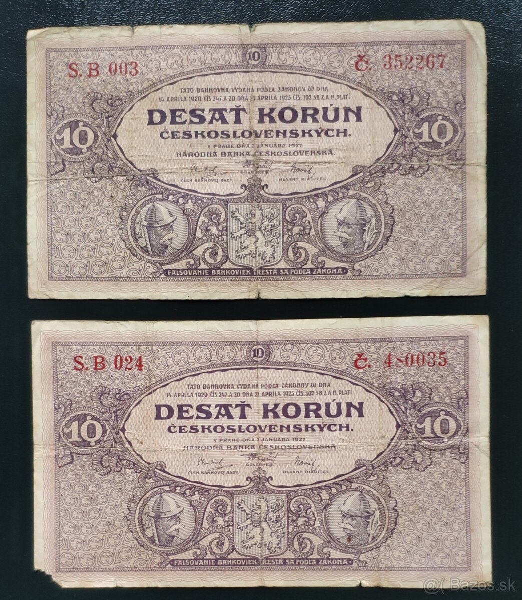Staré bankovky - 10 Korun 1927  Vzácná serie B