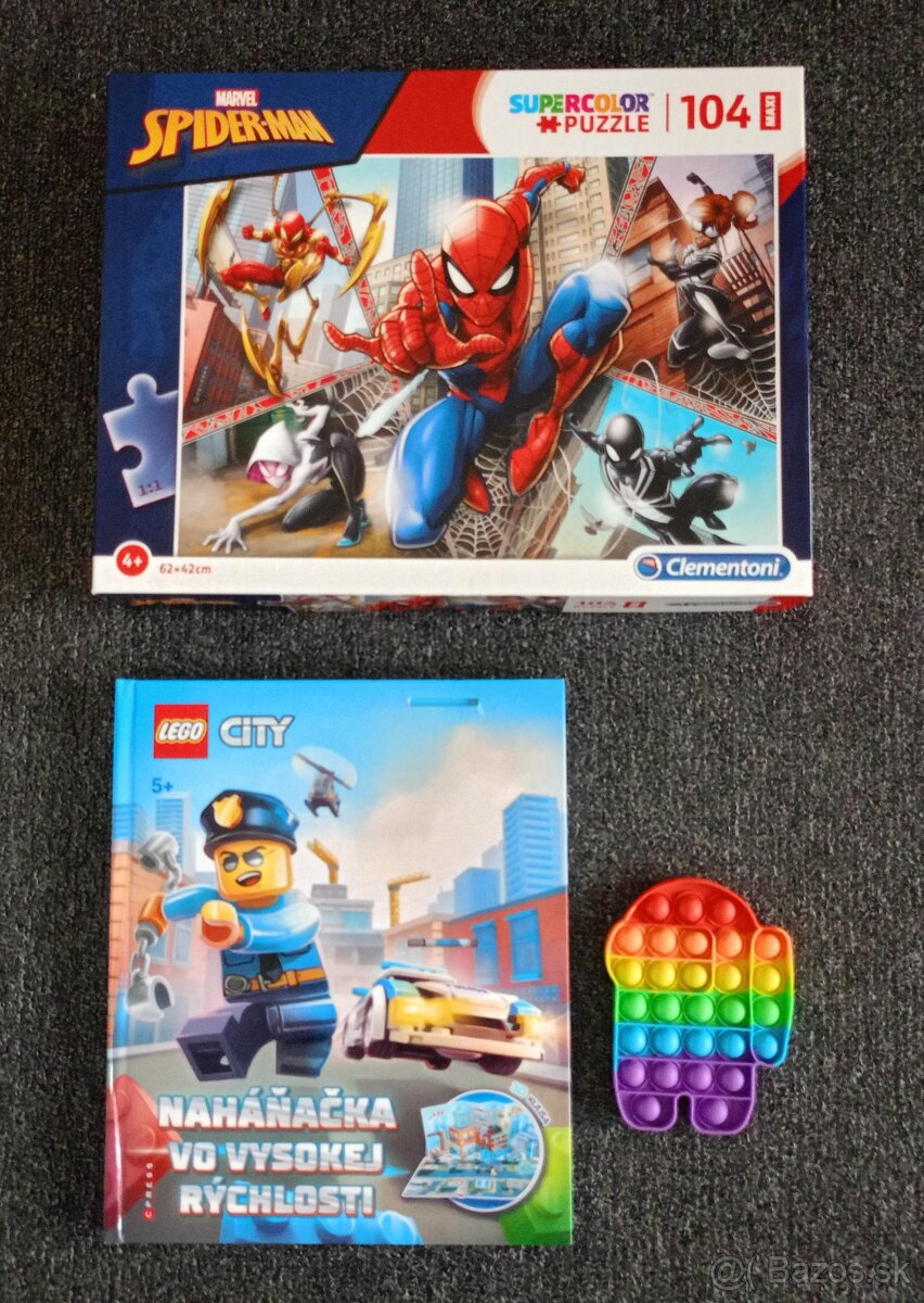 Puzzle Spiderman + kniha Lego + Pop It