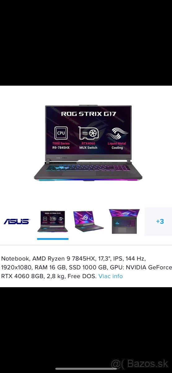 Predám herný notebook asus rog strix g17