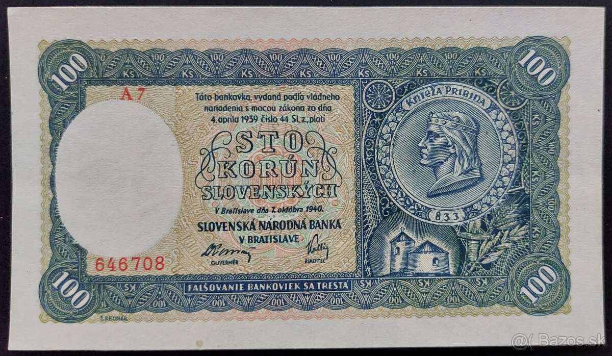 100 KORÚN SLOVENSKÝCH ROK 1940 SŠ - II.VYDANIE-NEPERFOROVANÁ