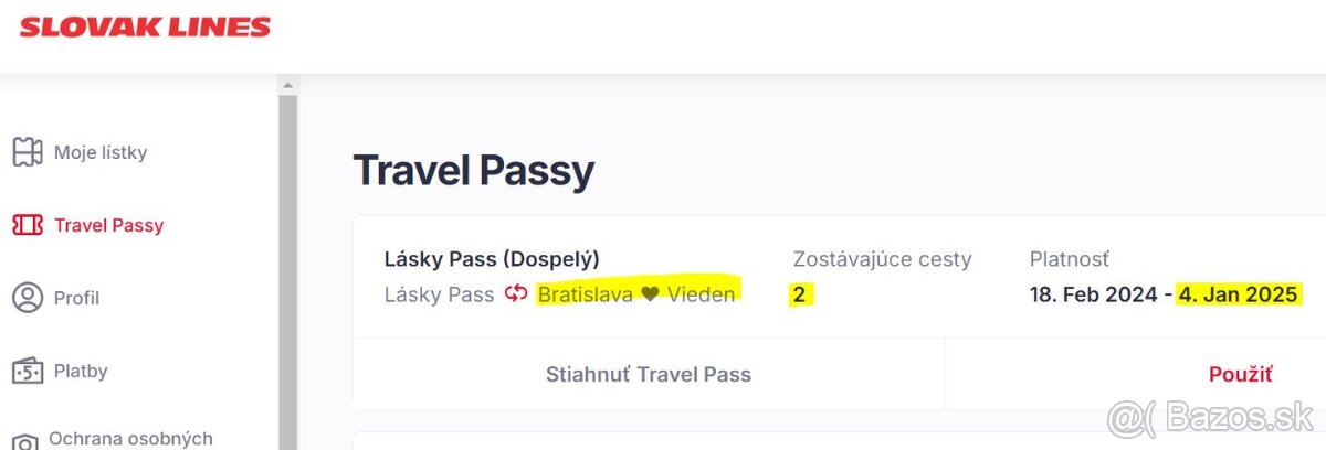 Predám lístky SlovakLines Bratislava - Viedeň z TravelPassu