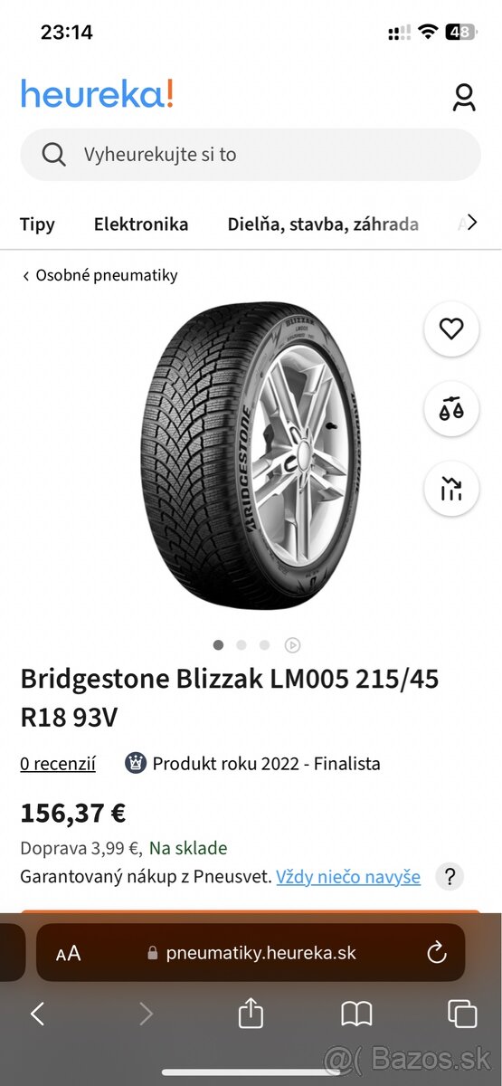 Predám Bridgestone Blizzak 215/45 R18 zimné