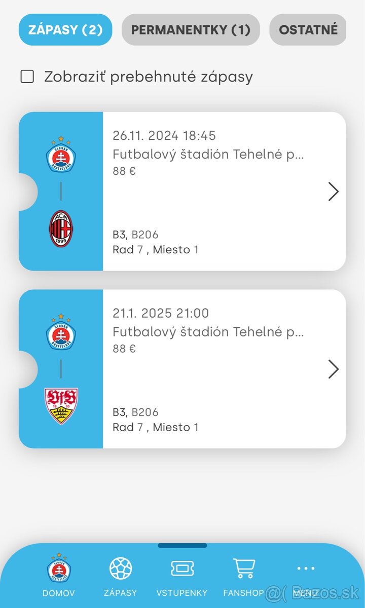 Vstupenky Slovan vs AC Miláno a Stuttgart.