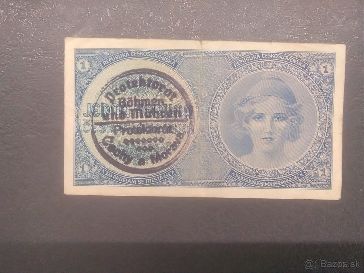 Staré bankovky 1 koruna s přetiskem, 5 korun 1919