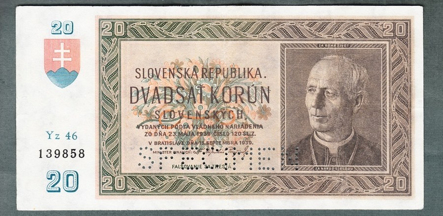 Staré bankovky Slovensko 20 sk 1939 pěkný stav