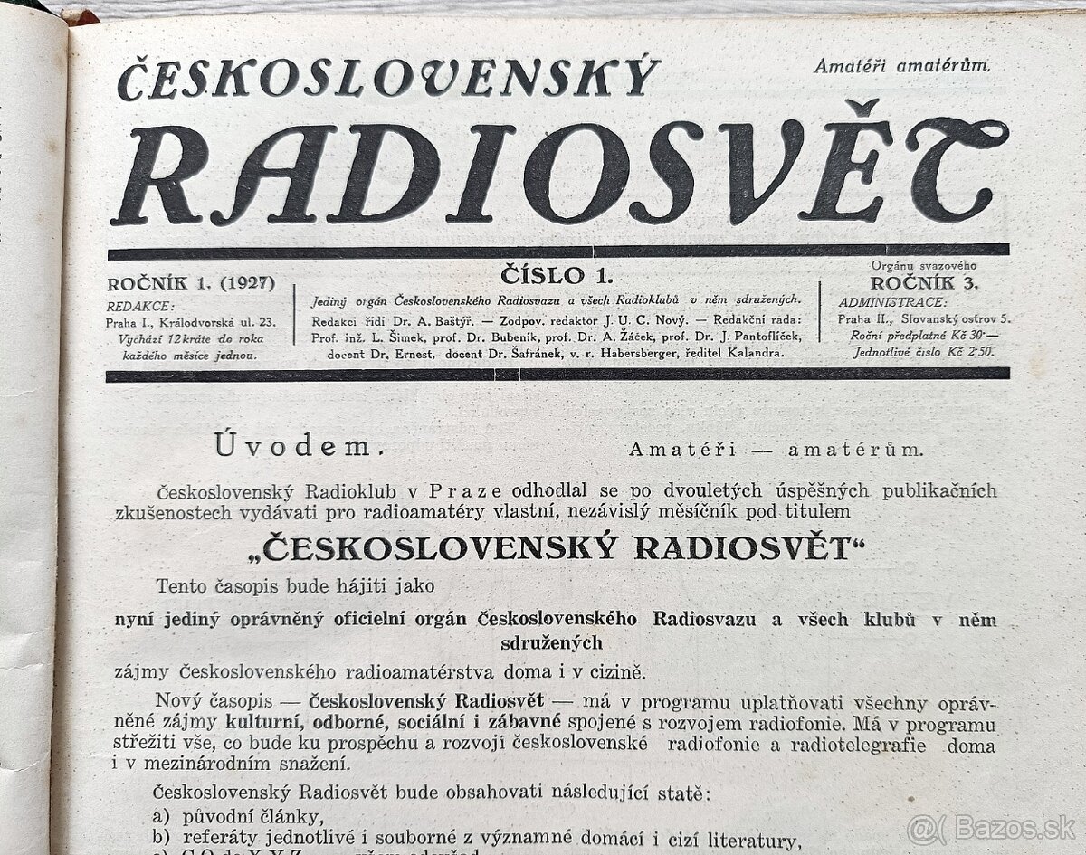 Časopisy ČESKOSLOVENSKÝ RADIOSVĚT, ročník 1, rok 1927