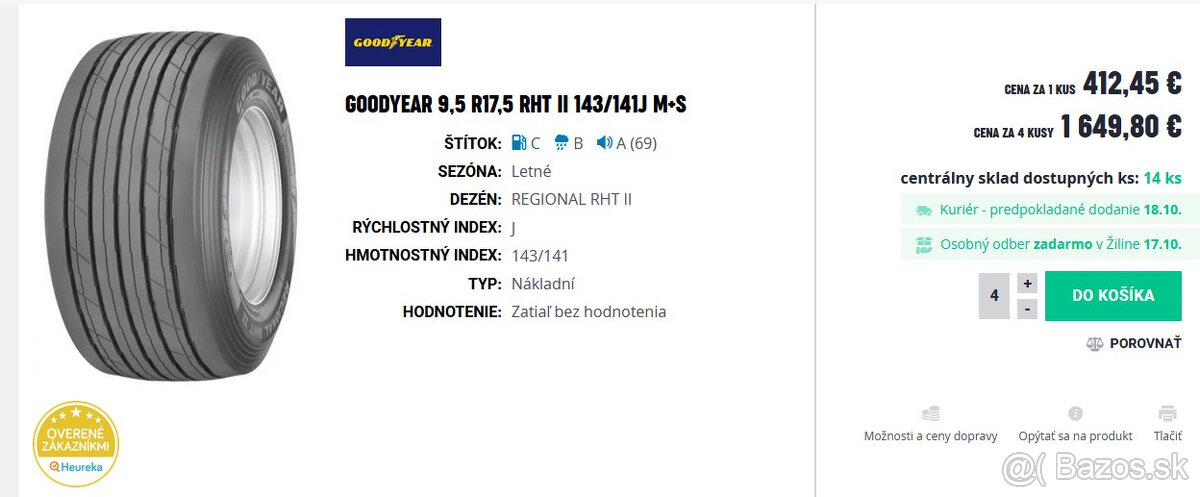 Goodyear 9,5 R17,5 RHT II 143/141J M+S + disk 10 dier