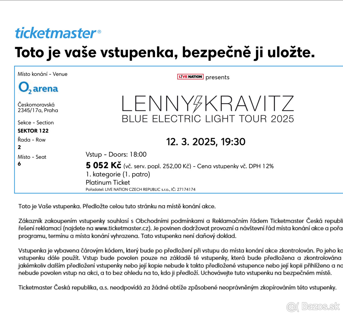 predám 2 vstupenky na sedenie  Lenny Kravitz , Praha 12.3.