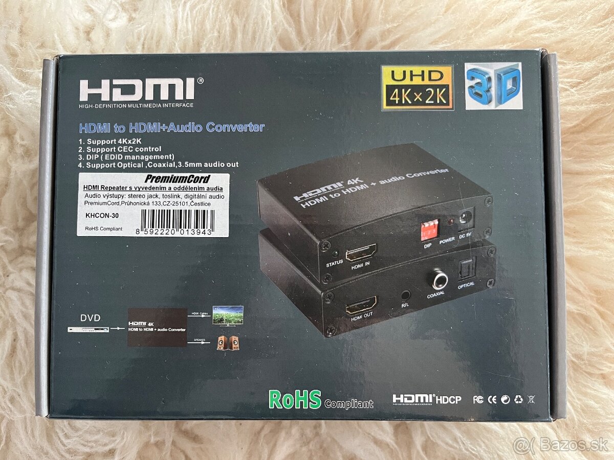 Extender PremiumCord HDMI 4K opakovač s oddelením audia