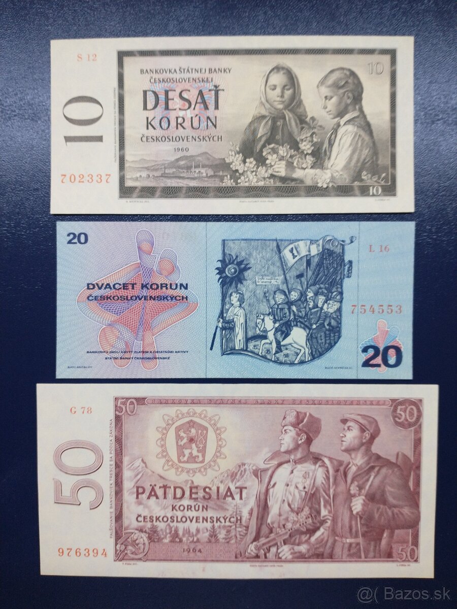 bankovky ČSSR 10Kčs 1960, 20Kčs 1970, 50Kčs 1964