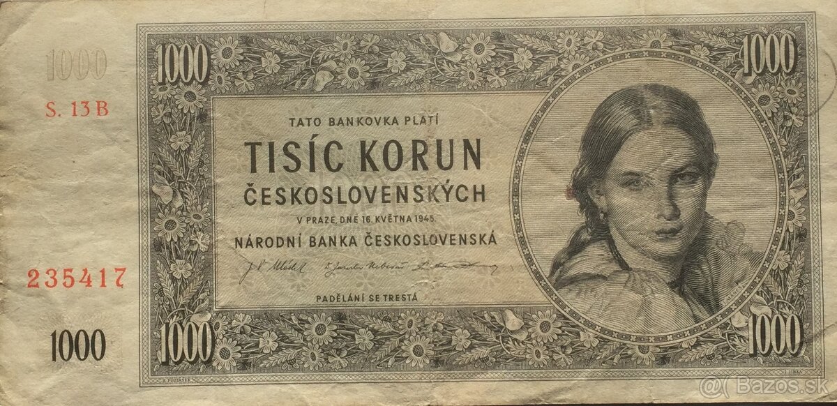 1000 Kčs z 16. mája 1945