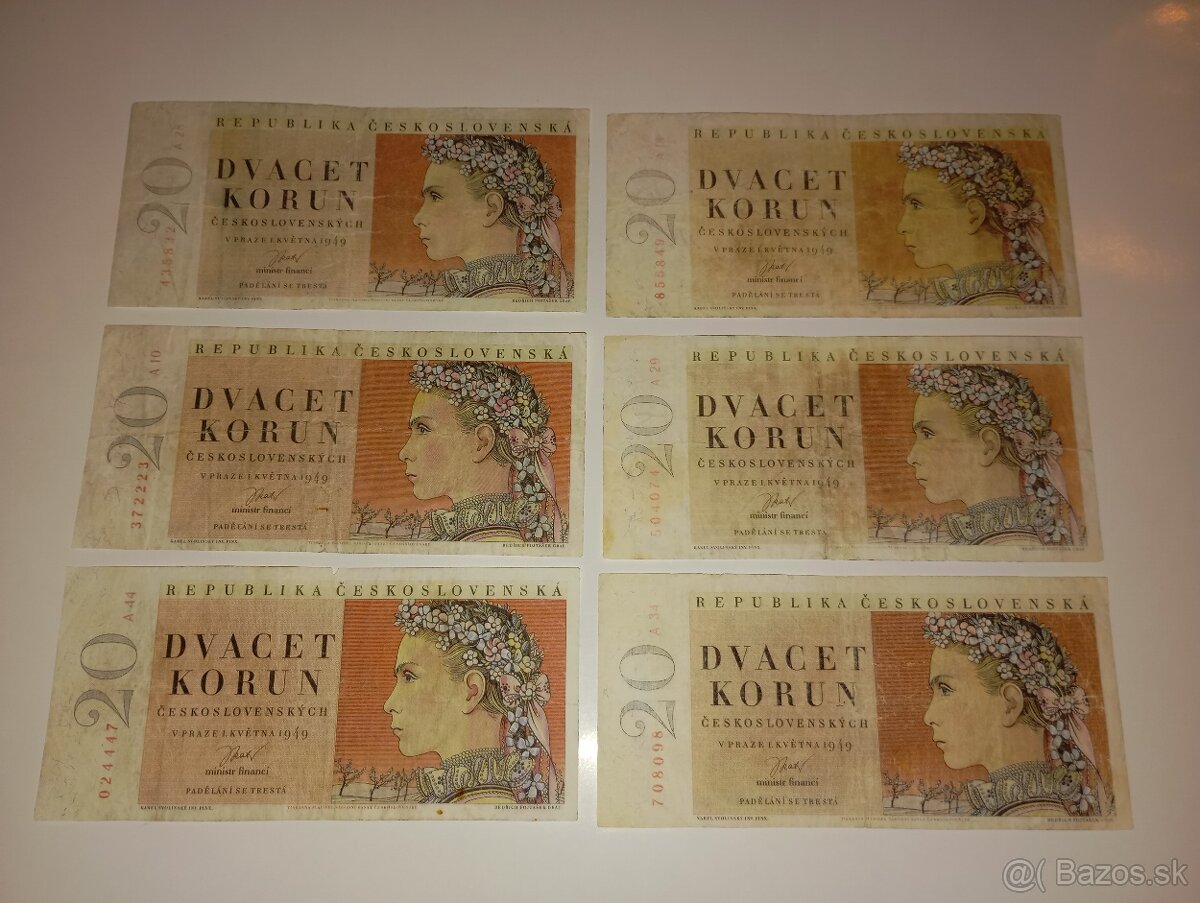 BANKOVKY 20 KČS, 1949, 1. SÉRIE A, VŠE NEPERFOROVANÉ