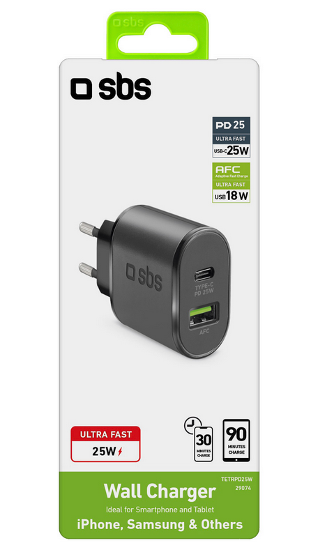 SBS - Cestovný adaptér USB-A aj USB-C, Power Delivery 25W