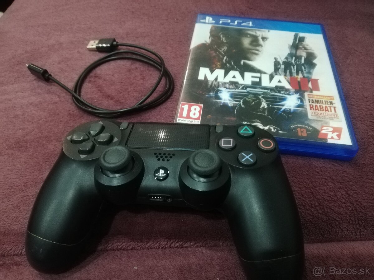 Playstation 4 originál ovládač, kábel + Mafia 3